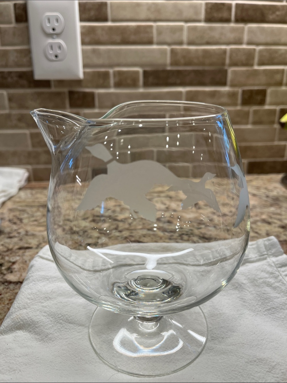 Clear Glass Brandy Snifter Pitcher with Etched Geese Design - Clear